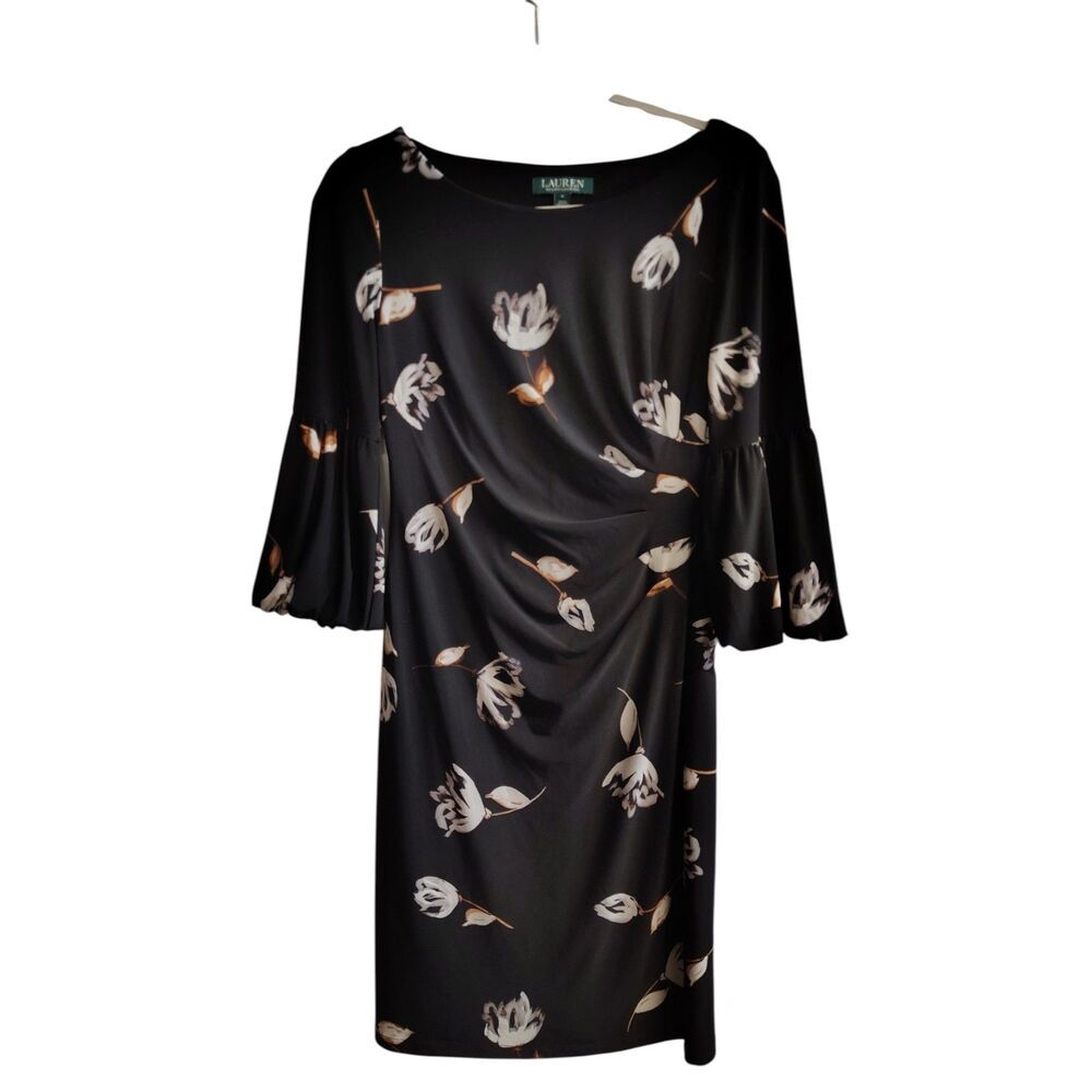 Lauren Ralph Lauren Women's Black‎ Floral Size 4 Stretch Bell Sleeve Shift Dress
